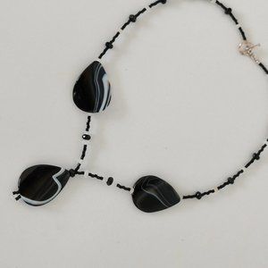 Black Beaded Statement Necklace With Agate Teardrop Pendants Handmade 19 Inches
